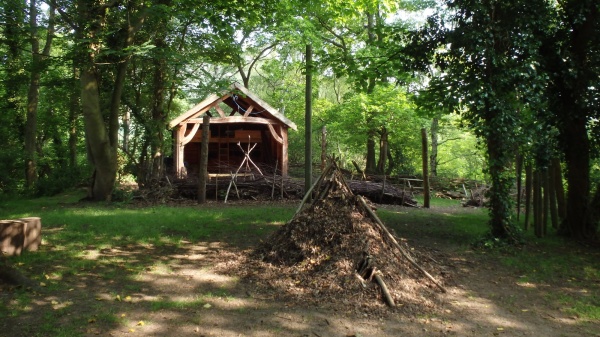 A woodland scene showing some wooden shelters
